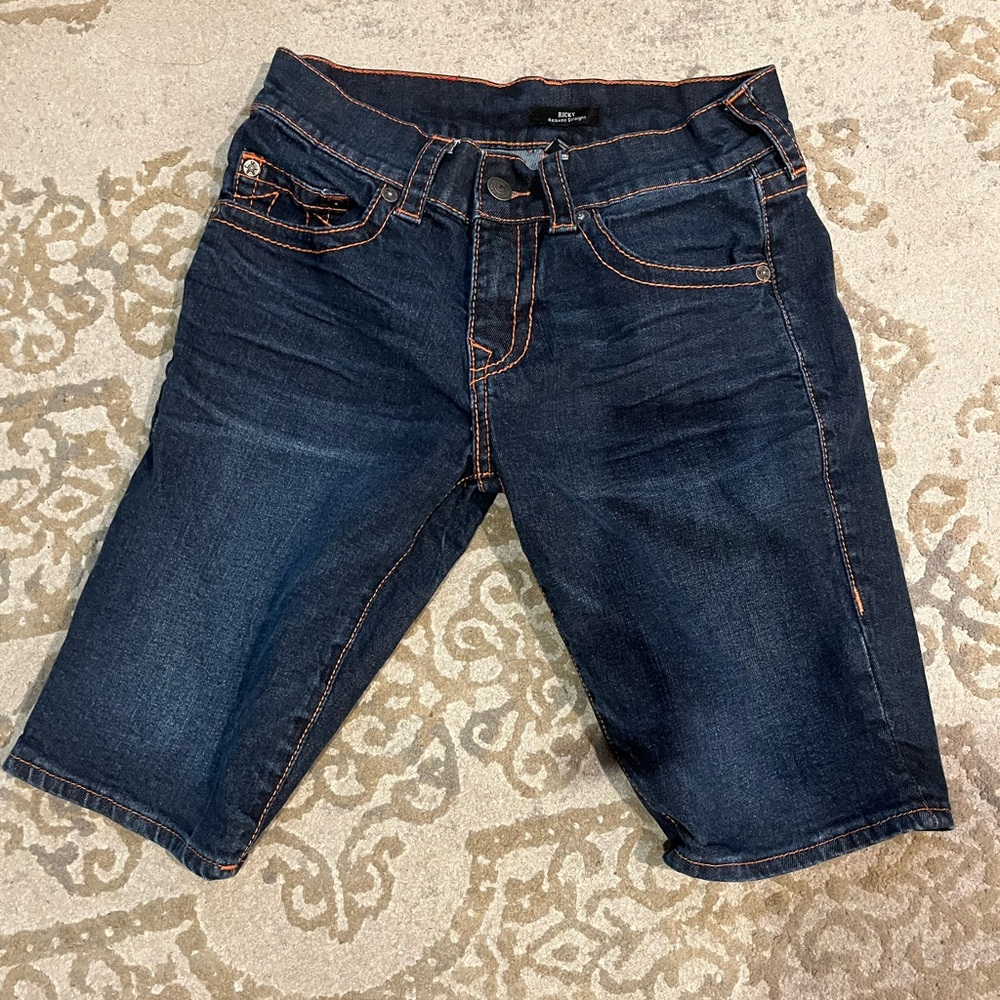 True religion Dark Blue Denim Shorts with Orange Stitching